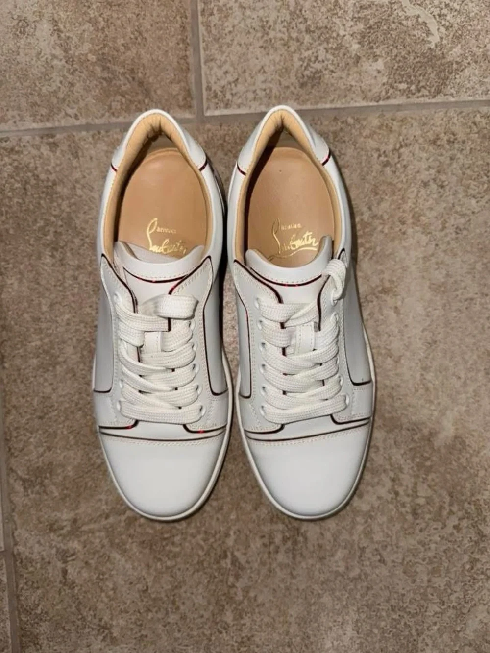 Women’s Christian Louboutin White Leather Low-Top Sneakers with Red Trim Size 6